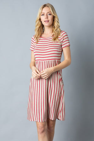 Stripe short sleeve round neck mini dress color Oatmeal