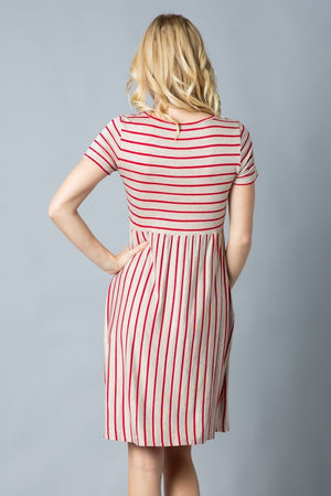 Stripe short sleeve round neck mini dress color Oatmeal