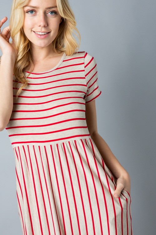 Stripe short sleeve round neck mini dress color Oatmeal