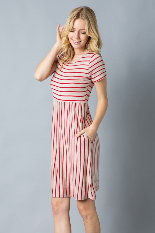 Stripe short sleeve round neck mini dress color Oatmeal