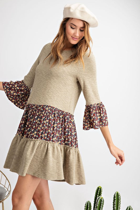 ULTRA SOFT BELL SLEEVE PRINT N TEXTURED SOLID MIX N MATCH RUFFLED KNIT DRESS Color faded olive