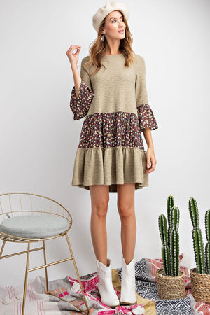 ULTRA SOFT BELL SLEEVE PRINT N TEXTURED SOLID MIX N MATCH RUFFLED KNIT DRESS Color faded olive