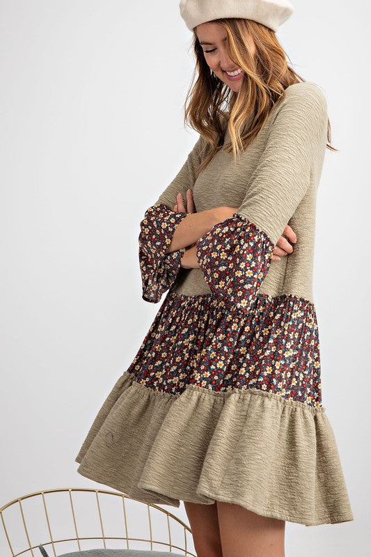 ULTRA SOFT BELL SLEEVE PRINT N TEXTURED SOLID MIX N MATCH RUFFLED KNIT DRESS Color faded olive