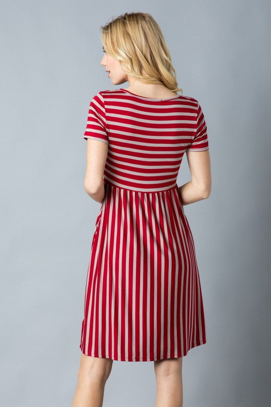 Stripe short sleeve round neck mini dress color Red