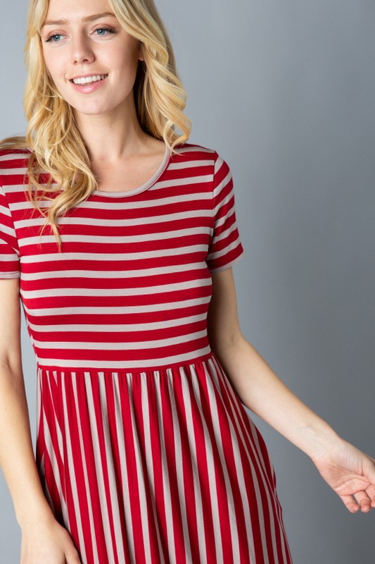 Stripe short sleeve round neck mini dress color Red