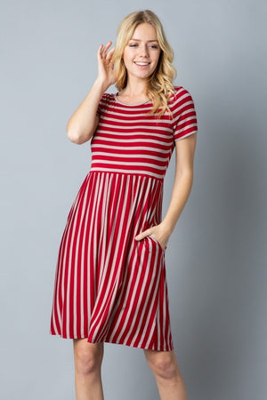 Stripe short sleeve round neck mini dress color Red