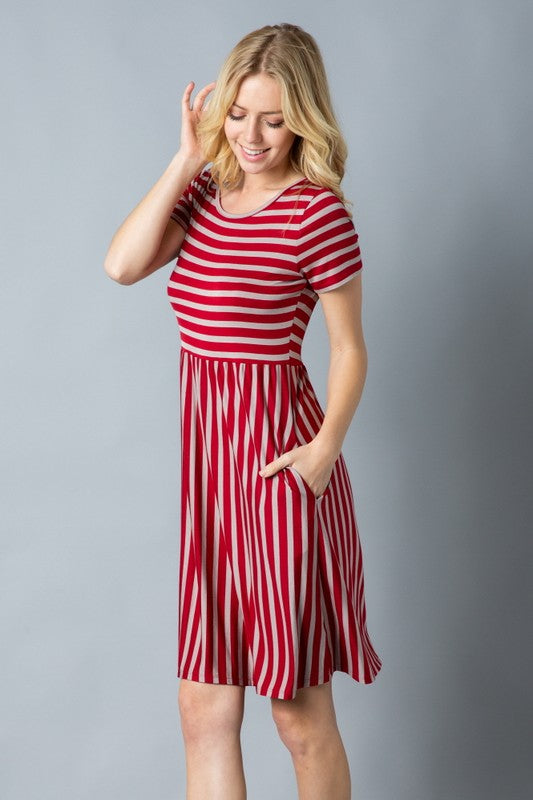 Stripe short sleeve round neck mini dress color Red